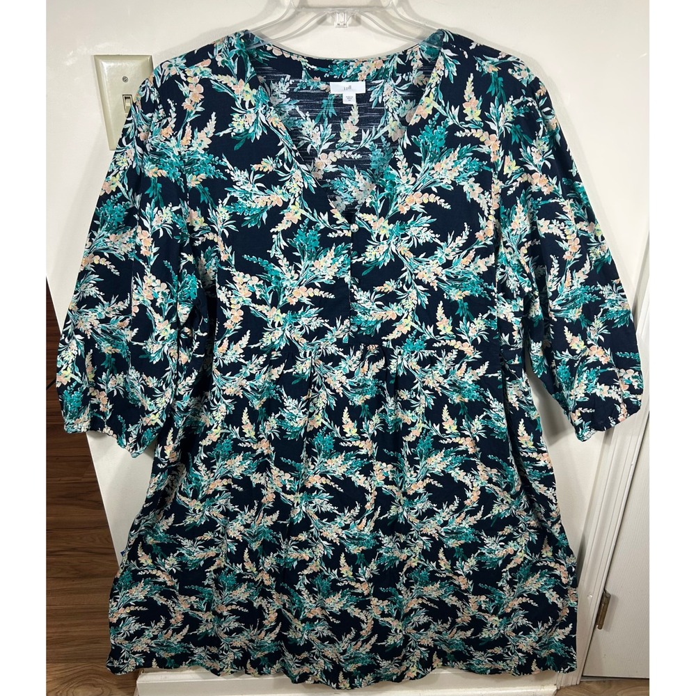 J. Jill Garden Floral Dress Women 3X Navy Teal Boho Pleated Cottagecore Modest